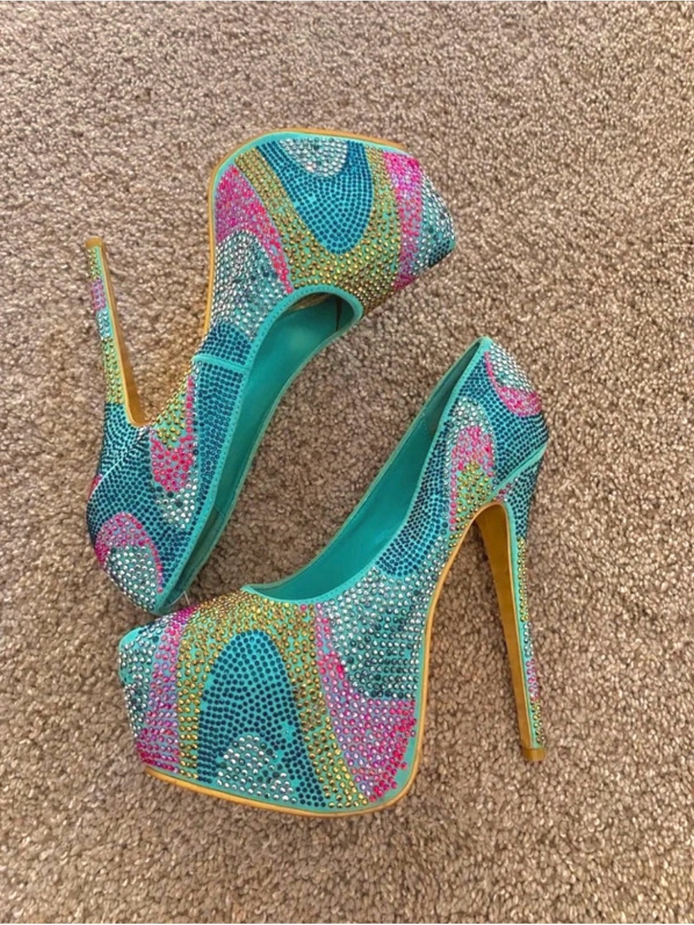 🩵Peacock Teal Multi-Color Rhinestone Platform Pump, Women's High Heel Size 9